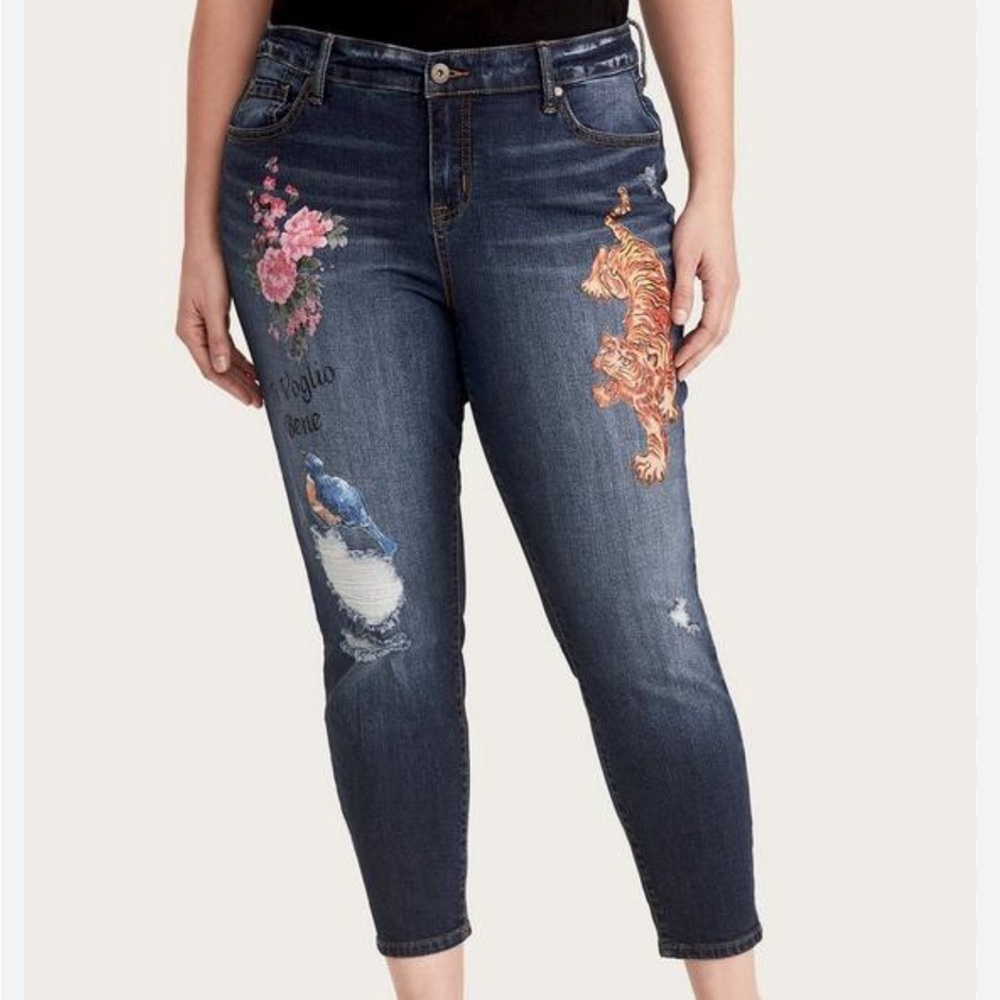 Torrid stretch girlfriend floral tiger high-waist jeans, sz 10